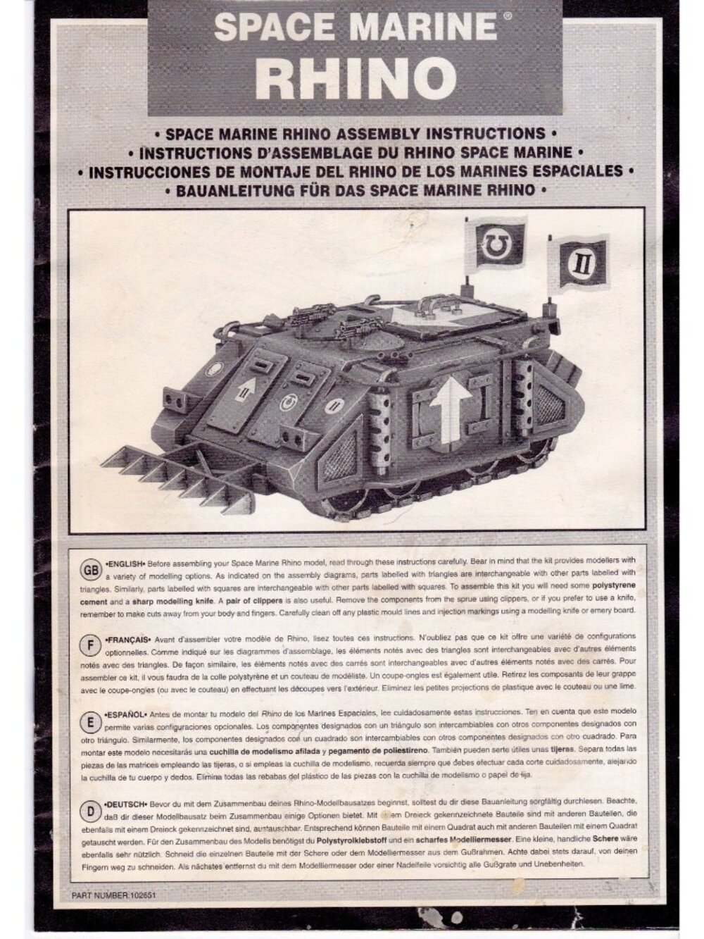 Vintage Games Workshop Space Marine Rhino Instruction Booklet 1996
